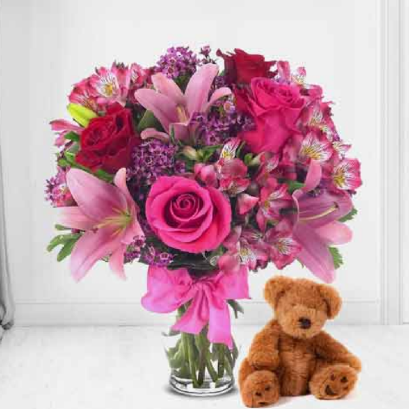 Celebration With Rose Bouquet And Teddy