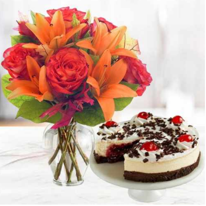 Mix Flowers Bouquet And Black Forest Cheesecake