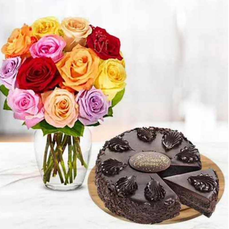 Chocolate Mousse Cake And Mixed Roses